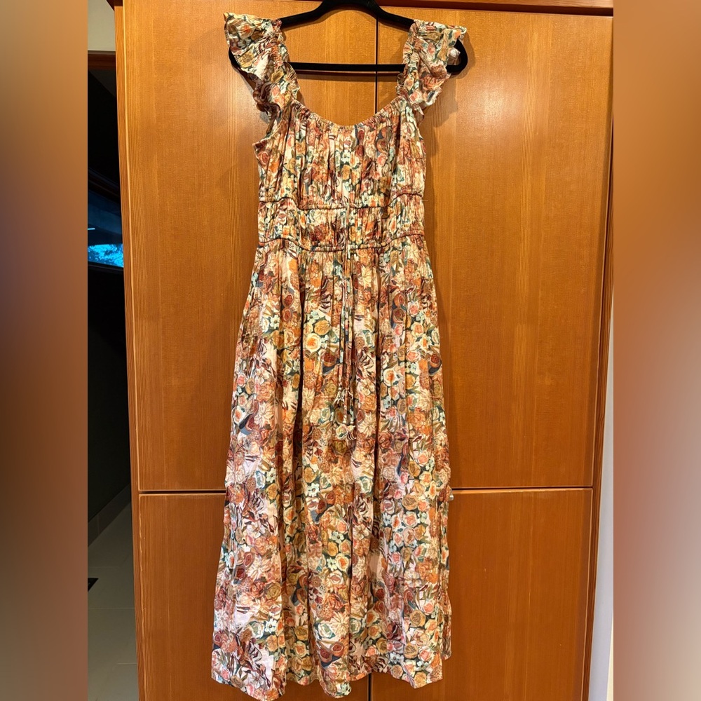 Floral Ruffled-Sleeve Midi Dress in Rust Floral